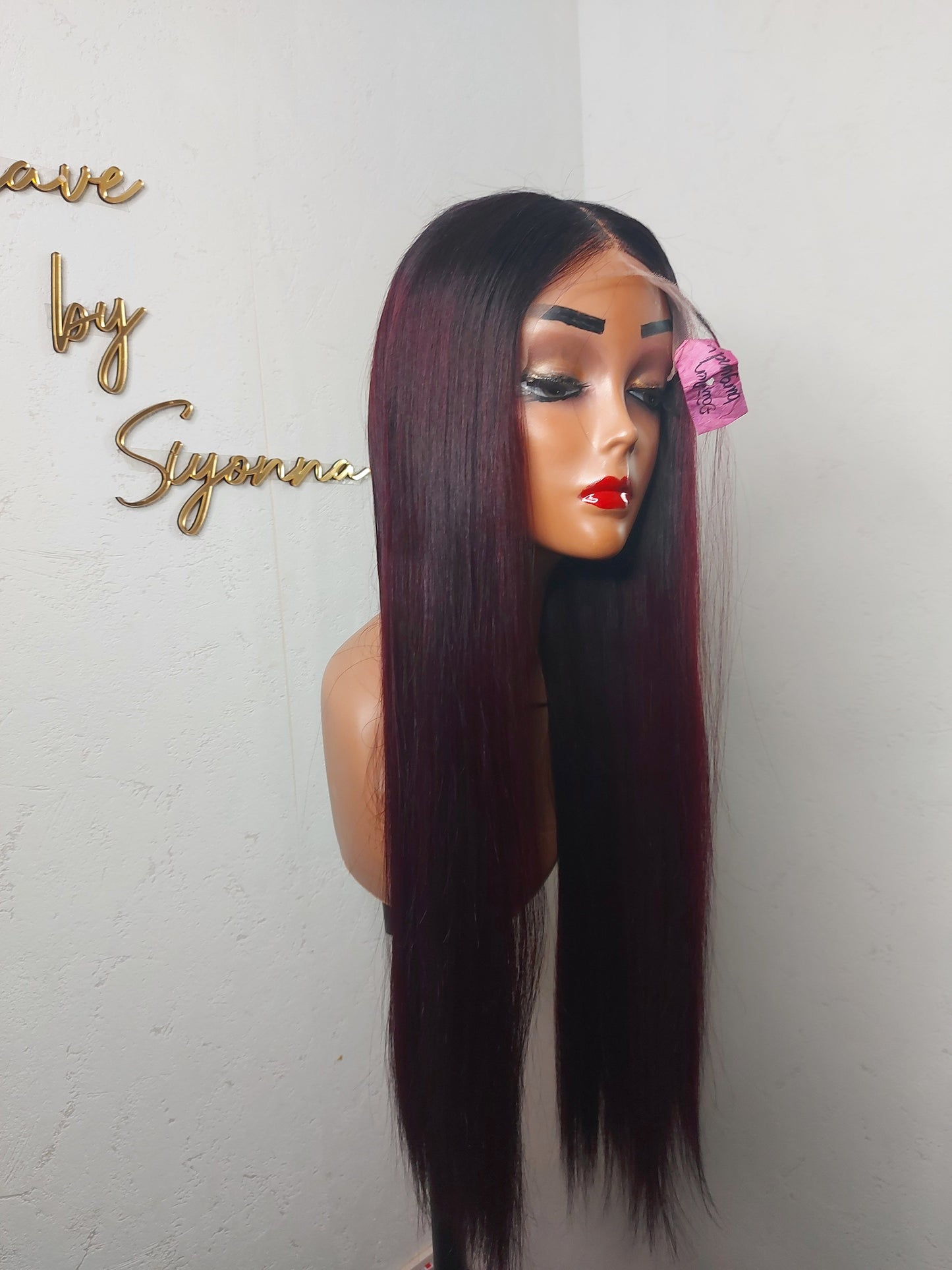 Ready to ship: Black on burgundy Wig (large cap)