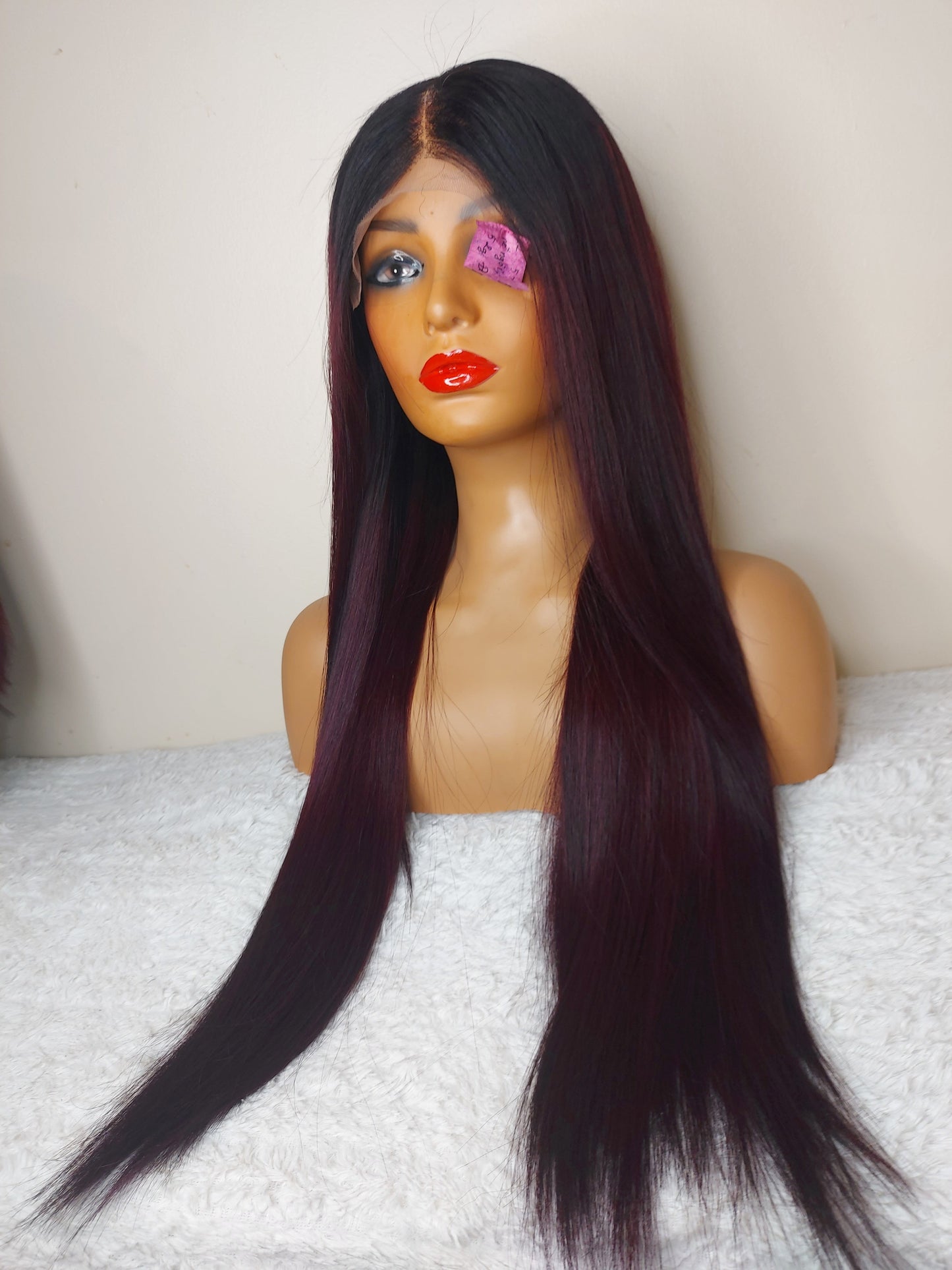 Ready to ship: Black on burgundy Wig (large cap)